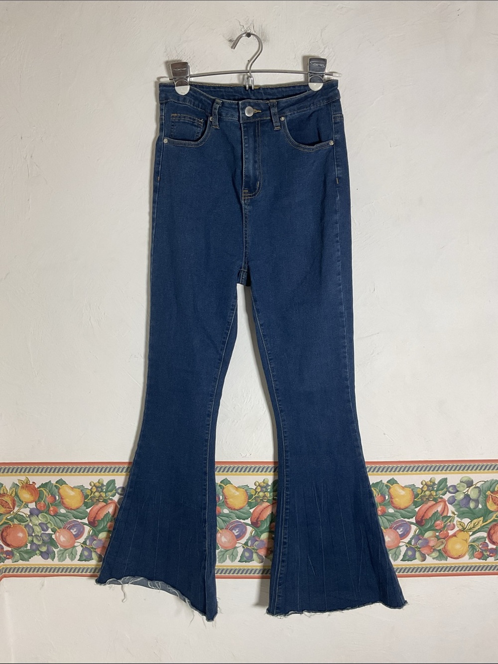 SHEIN High Waisted Dark Wash Flare Jeans Raw Hem Size M US 6